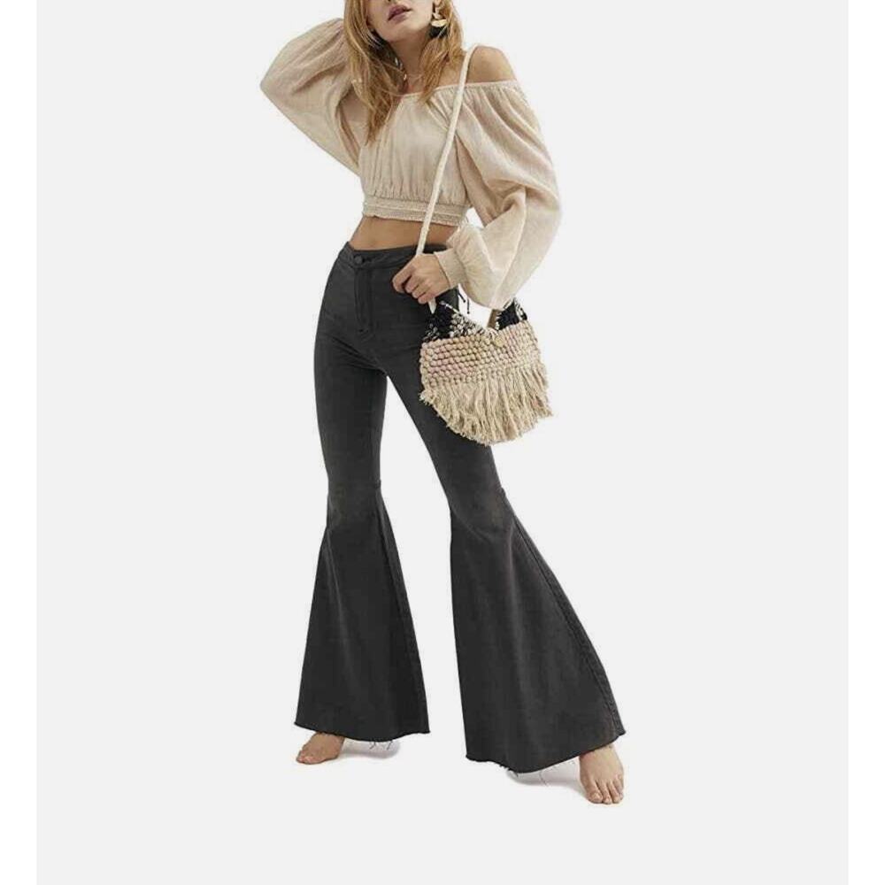 Free People Just Float On Flare Bell Bottom Raw Hem Jeans Washed Black Size W 26